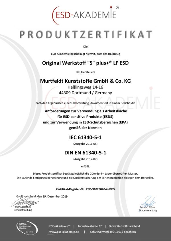 ESD Zertifikat: Murtfeldt Kunststoffe Original Werkstoff 