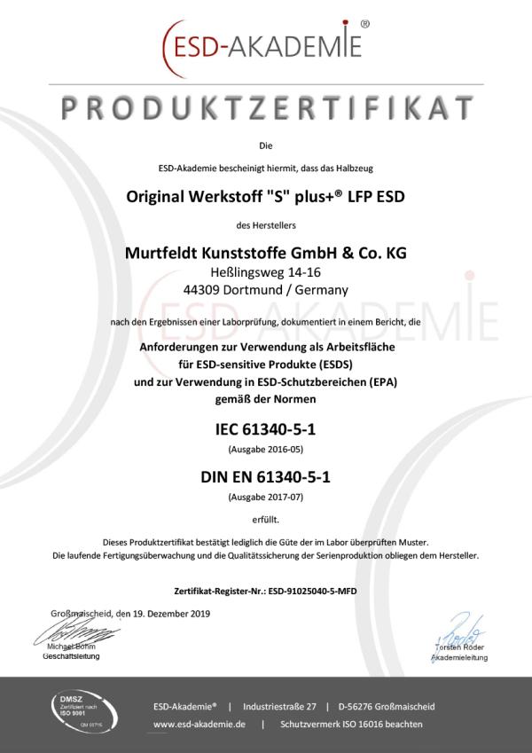 ESD Zertifikat: Murtfeldt Kunststoffe Original Werkstoff 