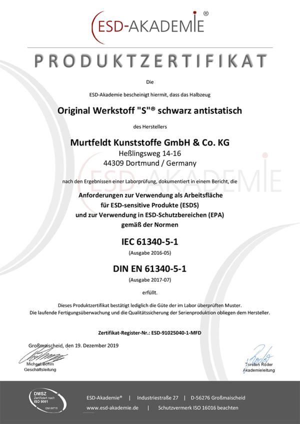 ESD Zertifikat: Murtfeldt Kunststoffe - Original Werkstoff 