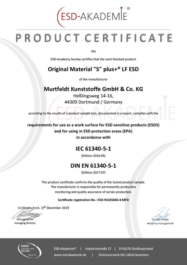 Murtfeldt Certifikáty výrobků ESD: Originální Materiál 