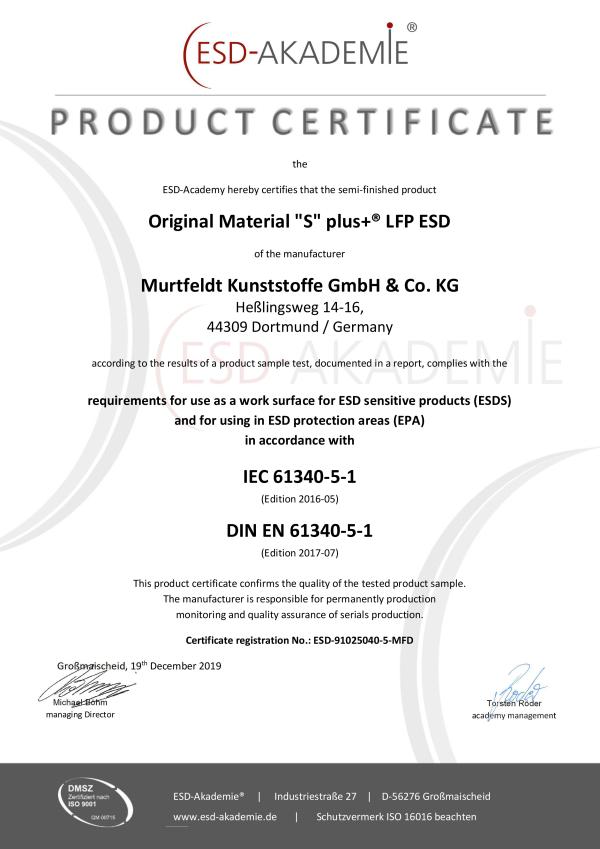 Murtfeldt Certifikáty výrobků ESD: Originální Materiál 