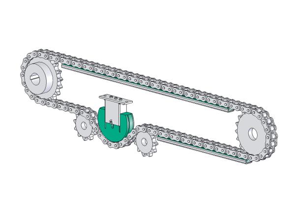 Murtfeldt Spannsysteme - Montage- und Einbaubeispiele von KettenspannernMurtfeldt Spannsysteme - Montage- und Einbaubeispiele von Kettenspannern: Umlenkprofil 180° · Bei dieser Anordnung kann besonders viel Kettenlängung aufgenommen werden