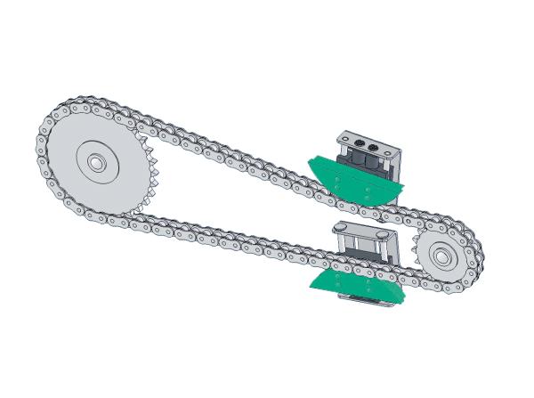 Murtfeldt Spannsysteme - Montage- und Einbaubeispiele von KettenspannernMurtfeldt Spannsysteme - Montage- und Einbaubeispiele von Kettenspannern: Bei wechselnder Laufrichtung empfehlen wir den Einsatz von zwei Spann-Box®-Typen in der Nähe des Antriebs