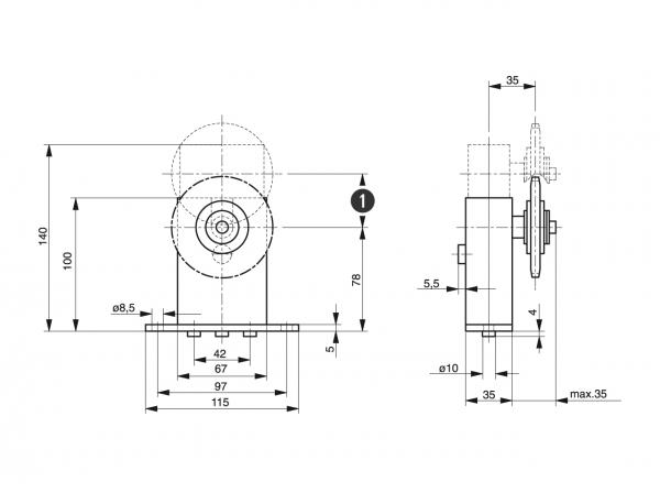Spann-Box® gr.1 con ruota dentata tipo-K-L - Tendicatena per catene a rulli - Murtfeldt GmbH Kunststoffe - Technische Zeichnung 1