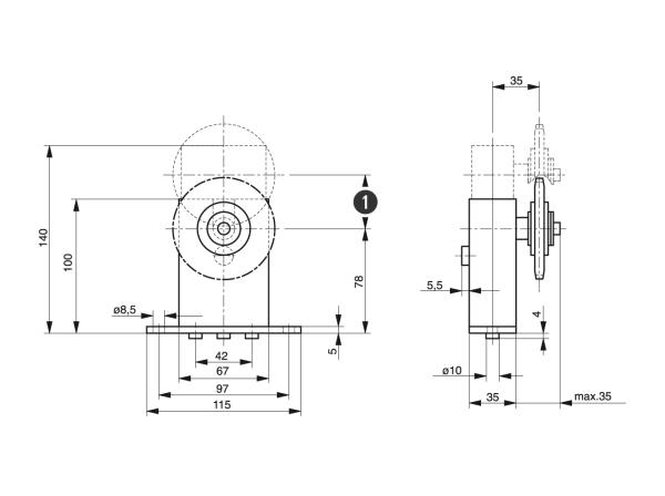 Spann-Box® Gr.1 mit Kettenrad Typ-K-L - Kettenspanner für Rollenketten - Murtfeldt GmbH Kunststoffe - Technische Zeichnung 1