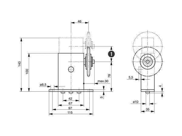 Spann-Box® velikost 1 s řetězovým kolem typ-K-S - Napínáky pro válečkové řetězy - Murtfeldt GmbH Kunststoffe - Technische Zeichnung 1